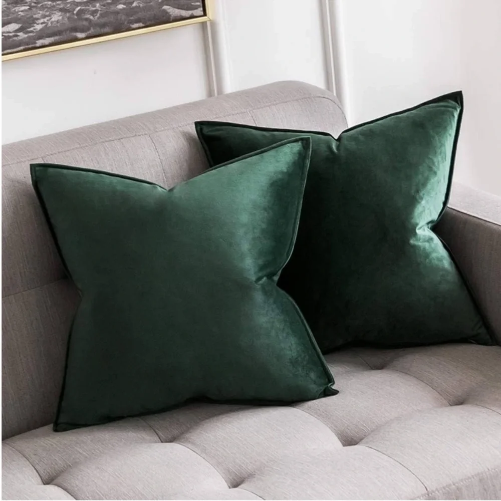 🆕 Green VELVET Euro Accent Pillow Covers Luxury High End Hotel Vibes 26” x 26”